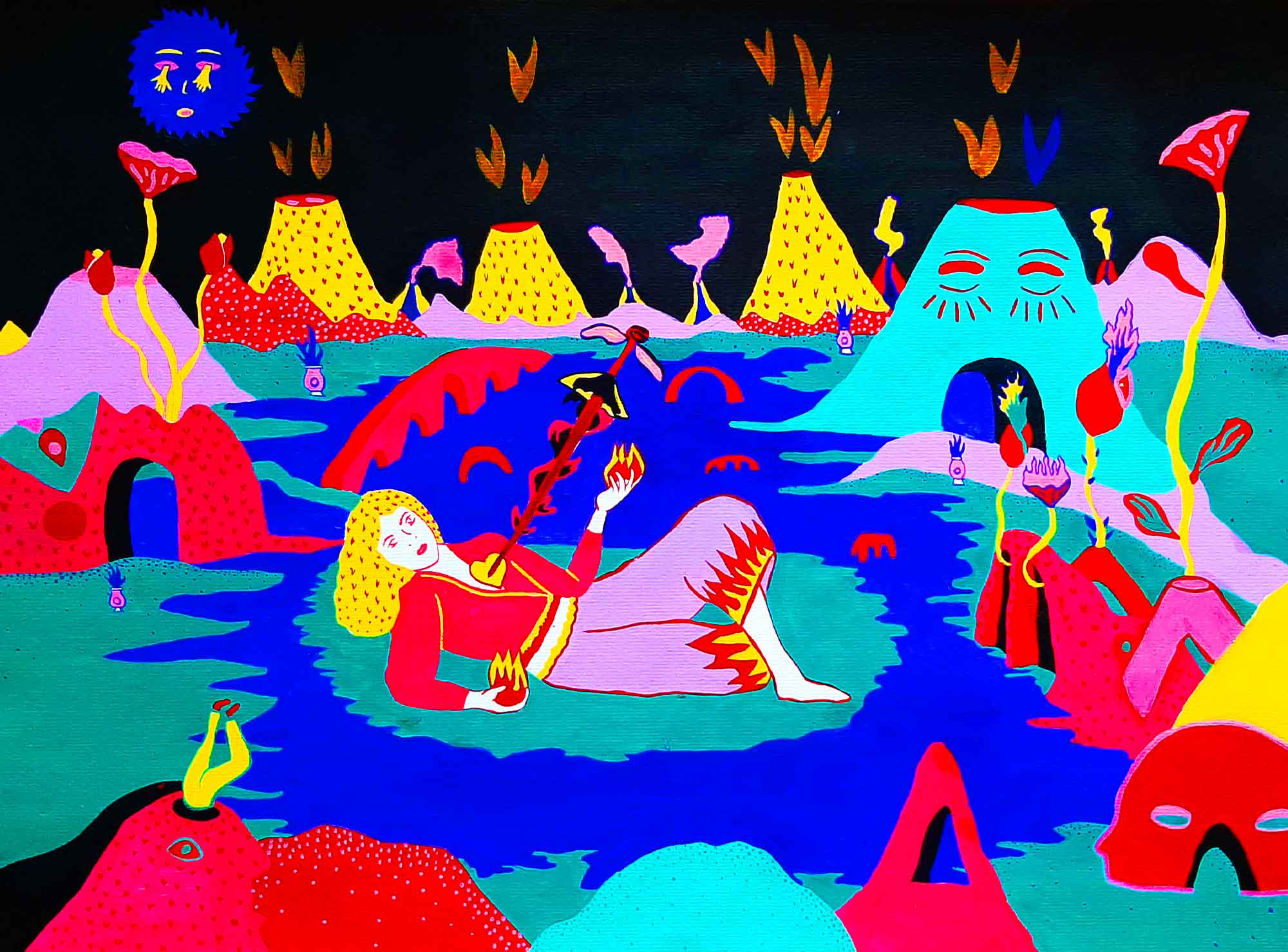 Épée en fleur dans le cœur, peinture à la gouache, 42 x 60 cm