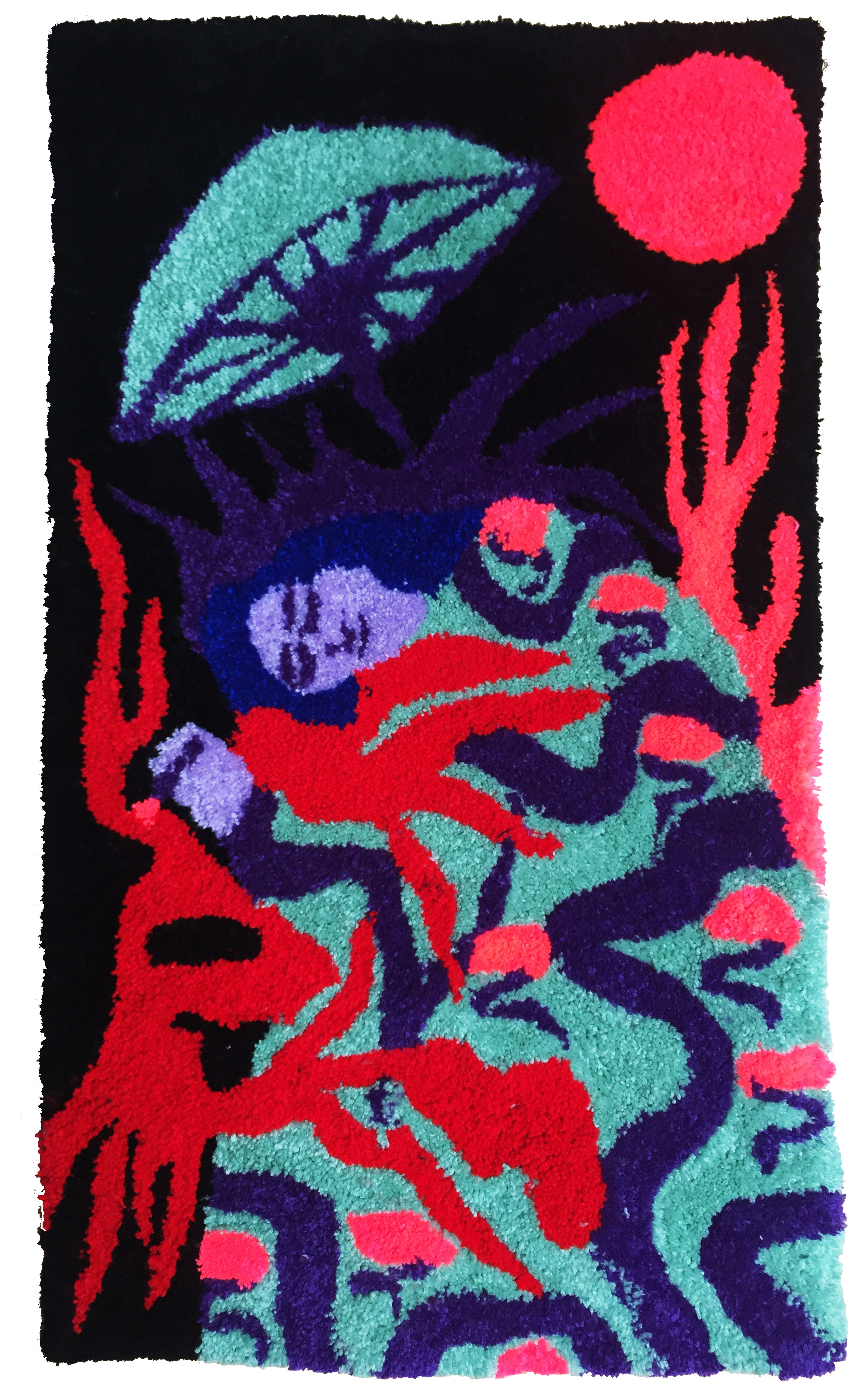 Sieste dans les flammes, laines tuftés, 130 x 70 cm, 2022