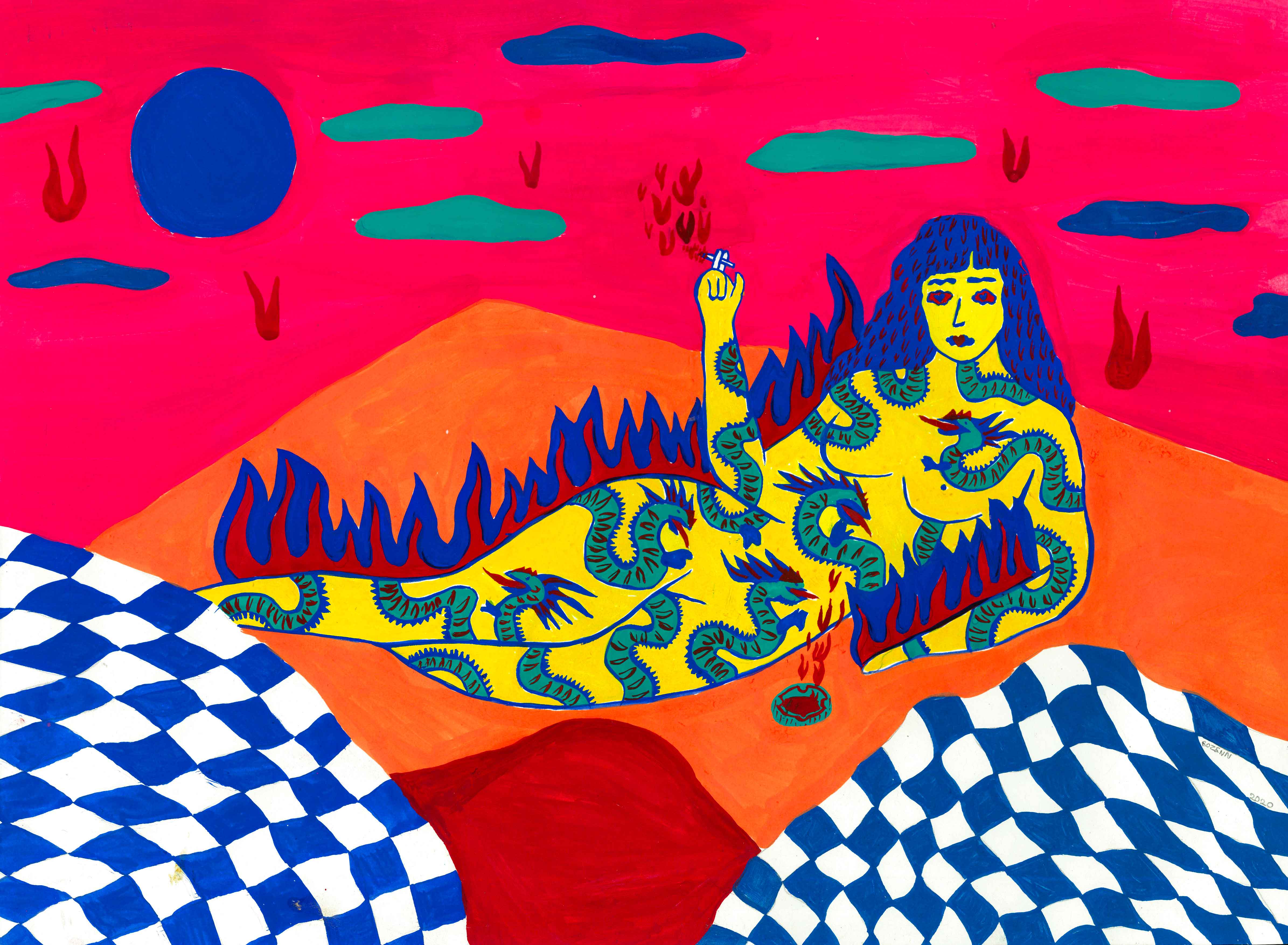 Femme dragon, peinture à la gouache, 	29,7 x 42 cm