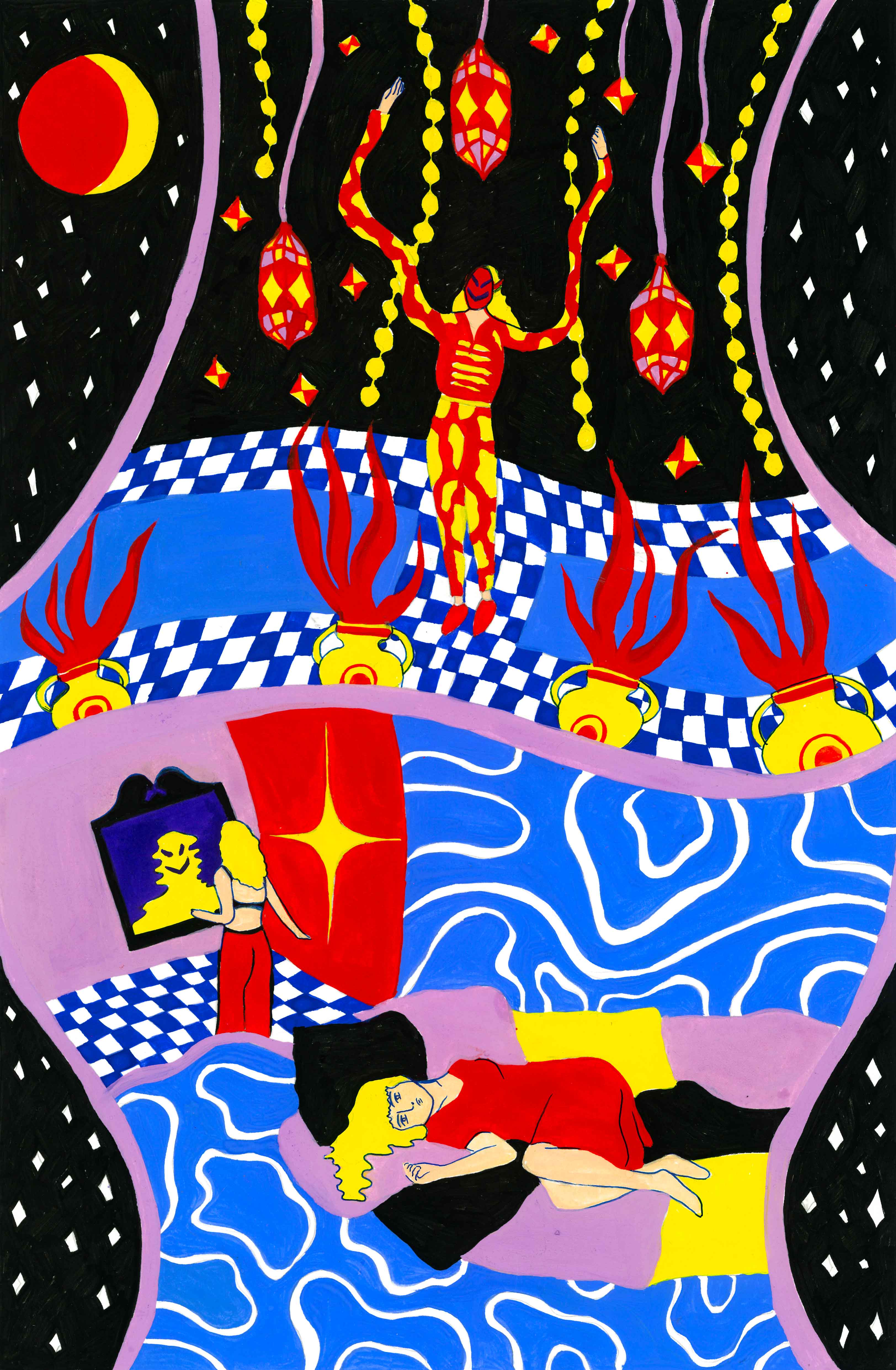 Nuit d'été, peinture à la gouache, 29,7 x 42 cm