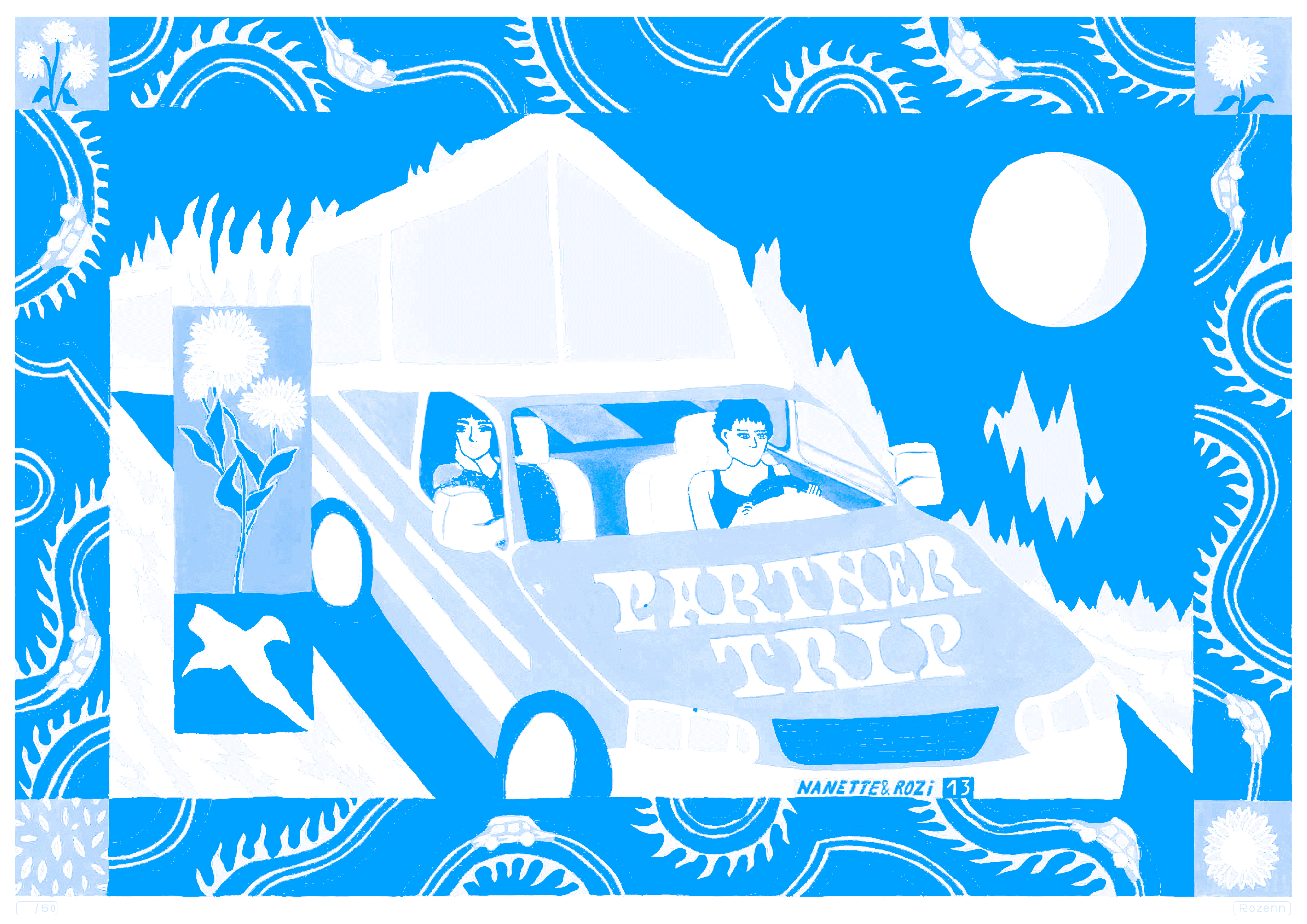 Partner Trip, risographie 4 couleurs imprimée par l'Atelier Leoka, 29,7 x 42 cm, 2023