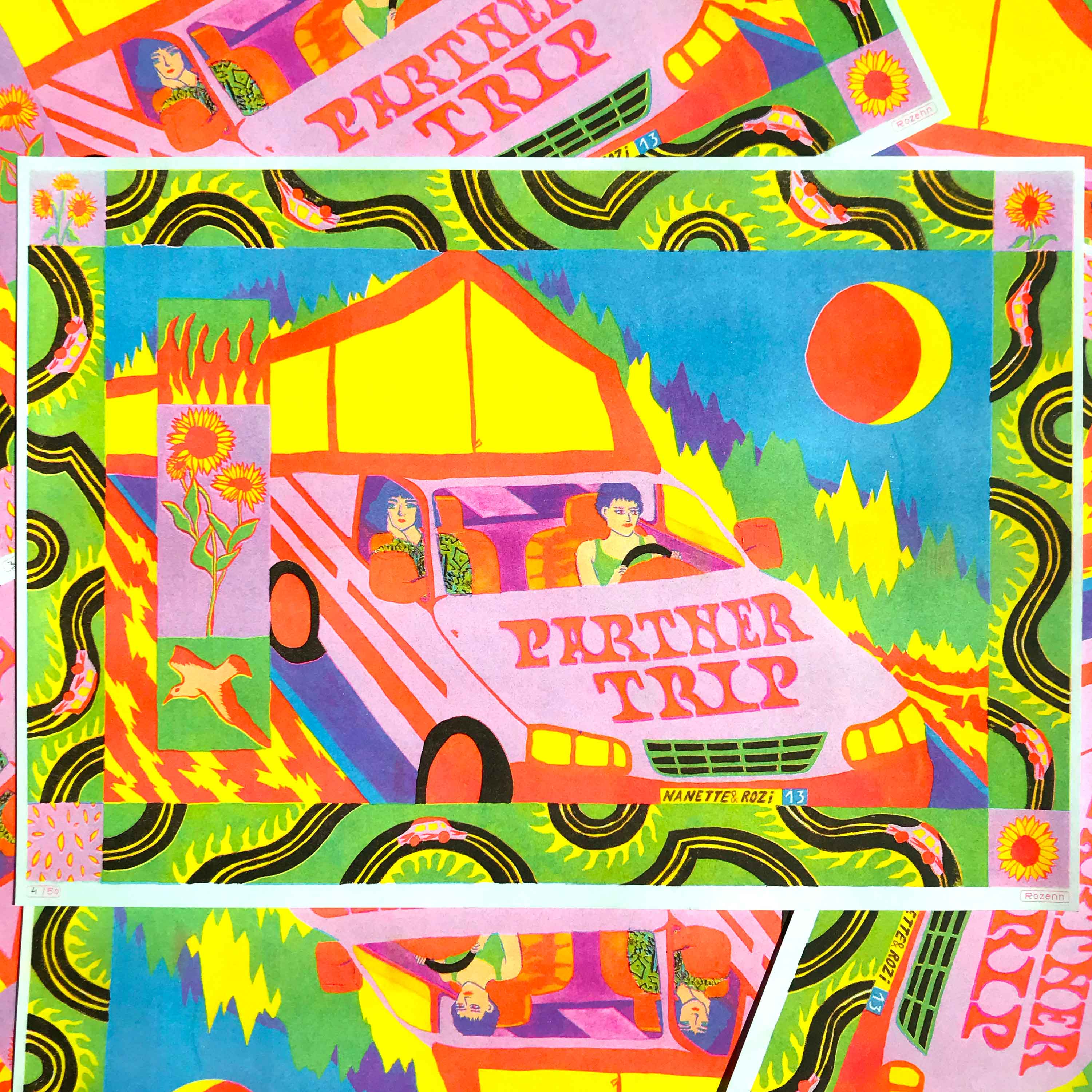Partner Trip, risographie 4 couleurs imprimée par l'Atelier Leoka, 29,7 x 42 cm, 2023